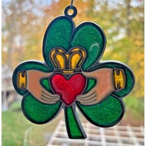 Rafaelian Vintage Suncatcher Stained Glass St Patrick's Day Shamrock Claddagh 4"